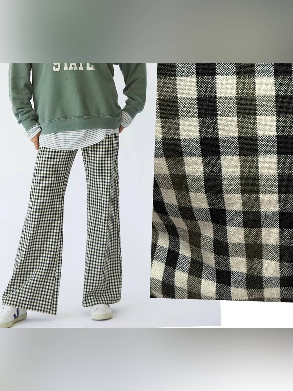 Free People Jules Pants Plaid Green Wide Leg Flare High Rise Trousers Size 10